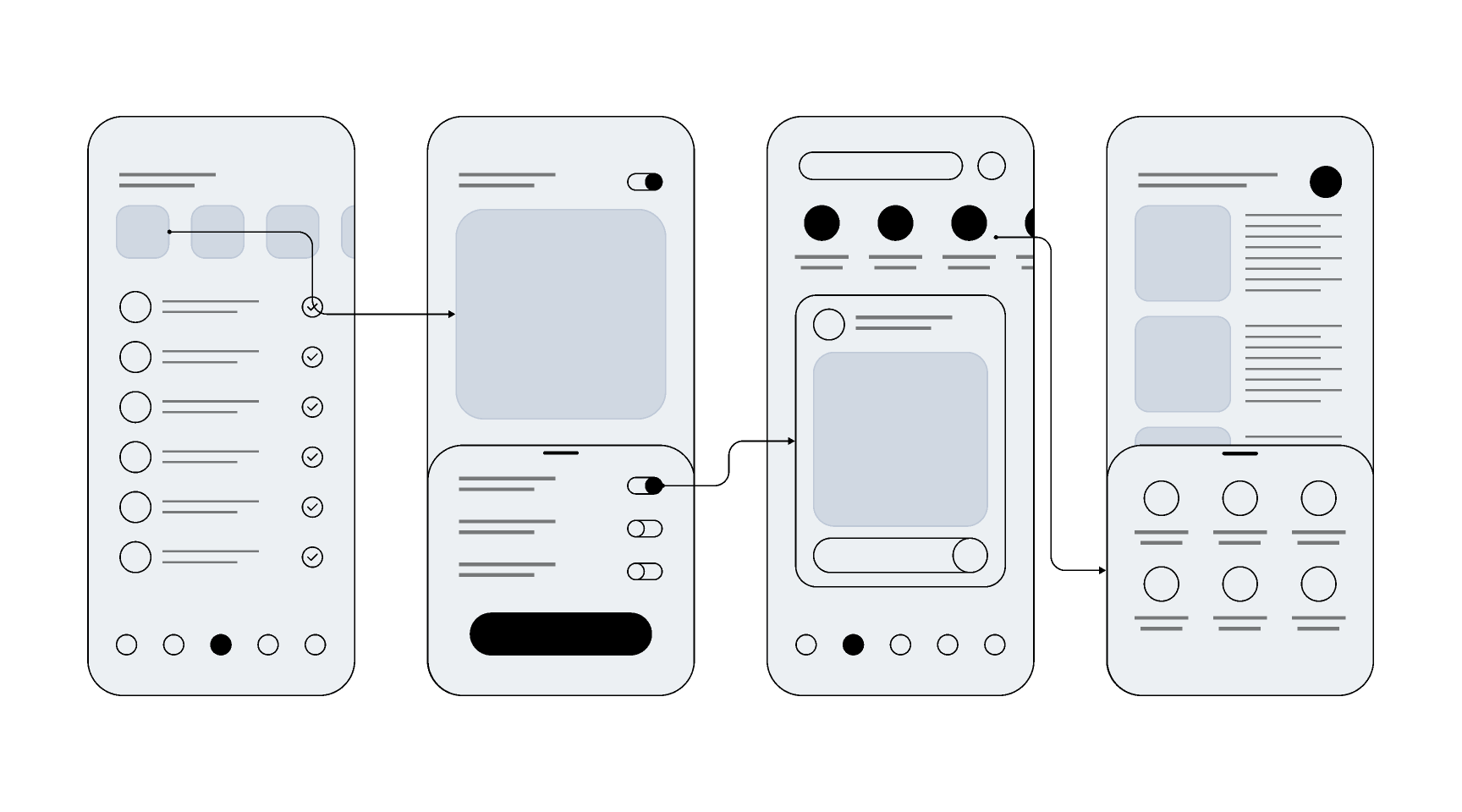 Mobile app UI mockup showing multiple screens and features