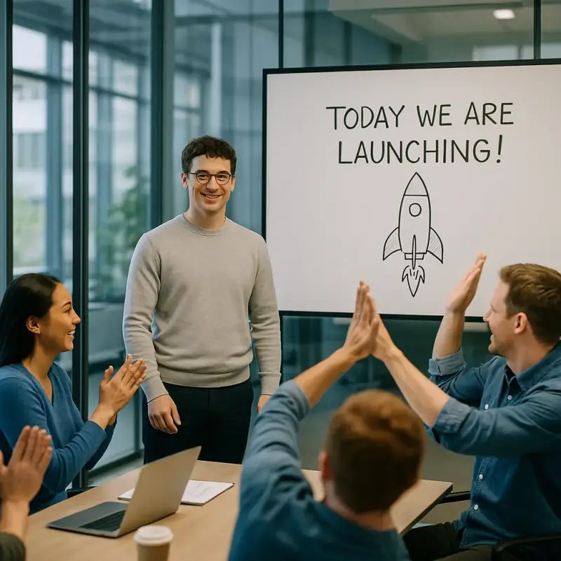 Launch and Support - Rocket launch with team celebrating